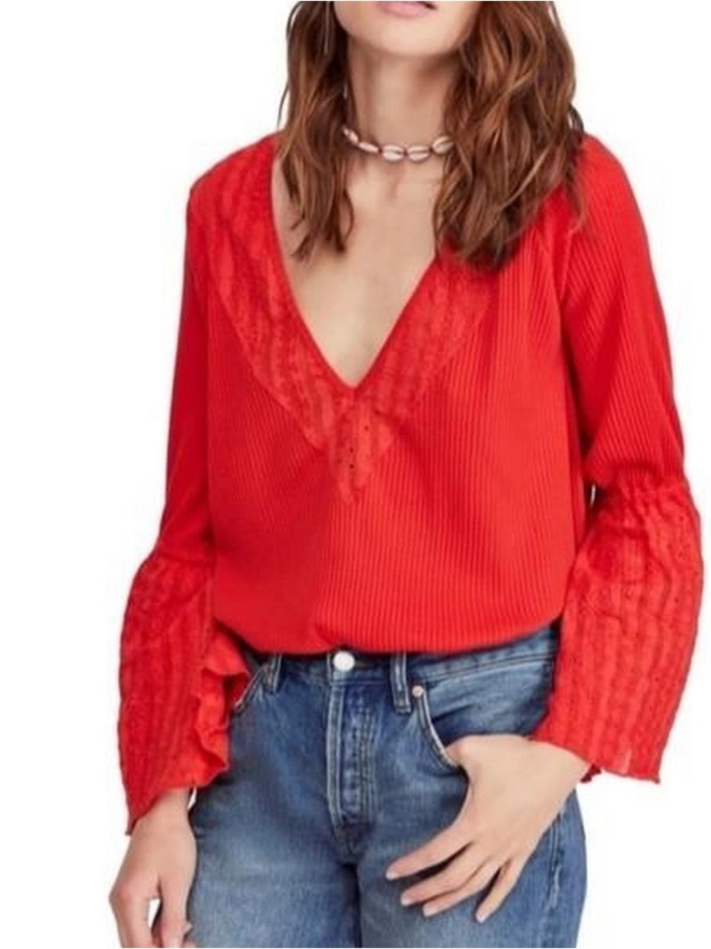 Free People Parisian Nights Red V-Neck Lace-Trim Peasant Blouse Thermal